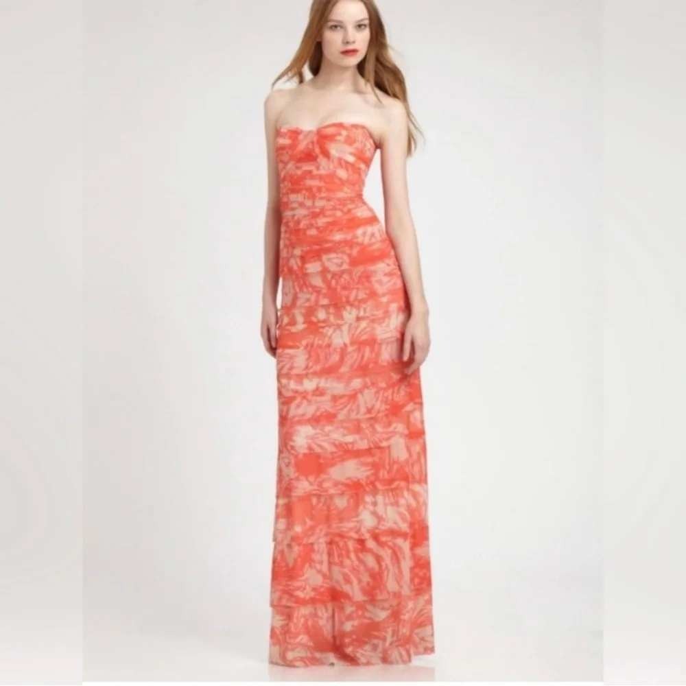 BCBGMAXAZRIA Erika Gown Womens 2 Coral Reef Strapless Tiered Mesh Abstract Print